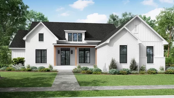 4-Bedroom 1-Story Transitional Farmhouse with Home Office and Private Master Suite (Floor Plan)