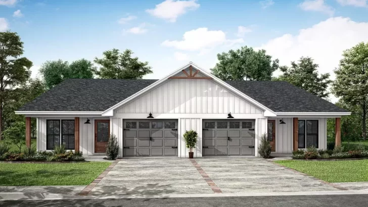 Single-Story 6-Bedroom Country Craftsman Duplex House With 2-Car Garage (Floor Plan)