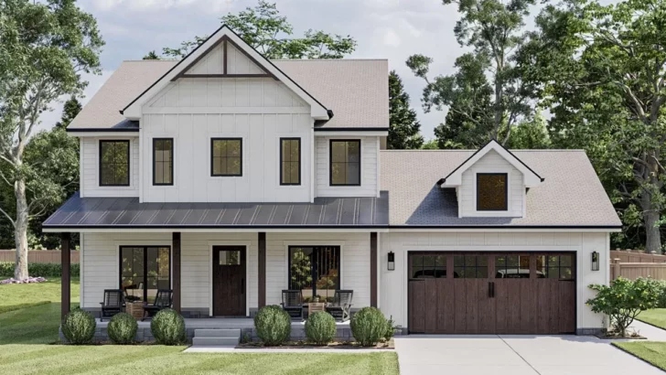 Simple 3-Bedroom Dual-Story Modern Farmhouse With Home Office and Great Curb Appeal (Floor Plan)