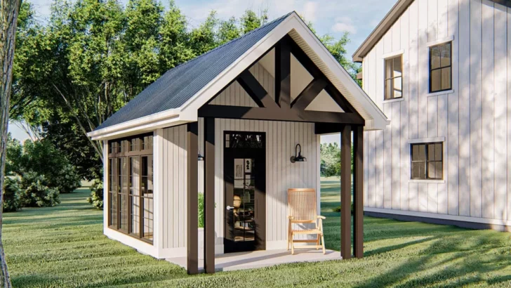1-Story Modern Farmhouse Style Backyard Home Office With Panoramic Windows (Floor Plan)
