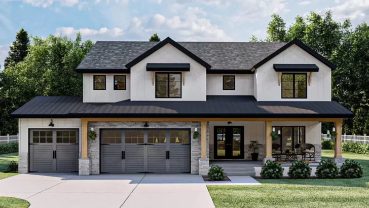 5-Bedroom Two-Story Modern Farmhouse With Upstairs Office And Built-in Desk (Floor Plan)