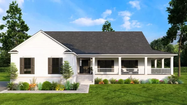 3-Bedroom 1-Story Contemporary Farmhouse with 3-Sided Wrap-Around Porch (Floor Plan)