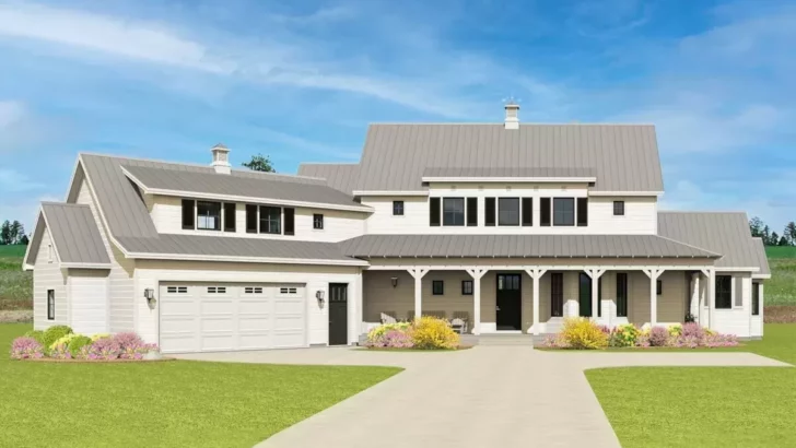 Versatile 5-Bedroom Dual-Story Modern Farmhouse With Two Upstairs Bedroom Layouts (Floor Plan)