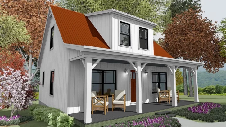 2-Bedroom Two-Story Farmhouse Cottage with 6'-Deep Front Porch (Floor Plan)