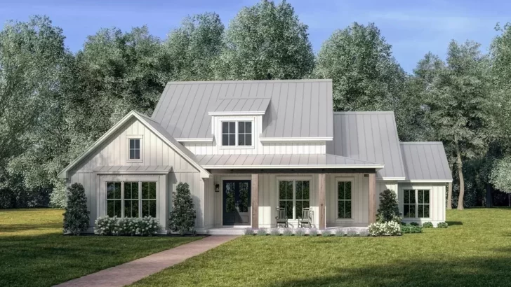 4-Bedroom Single-Story Modern Farmhouse With Wraparound Front Porch (Floor Plan)