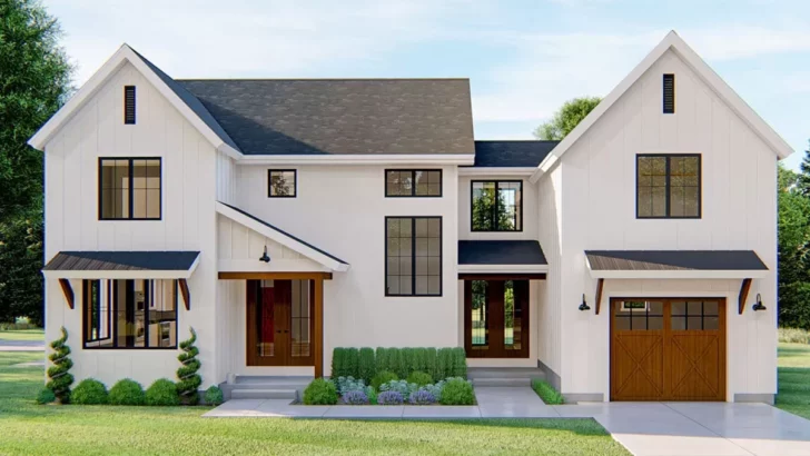 Two-Story 4-Bedroom Modern Farmhouse With Two Garages and a Covered Breezeway (Floor Plan)