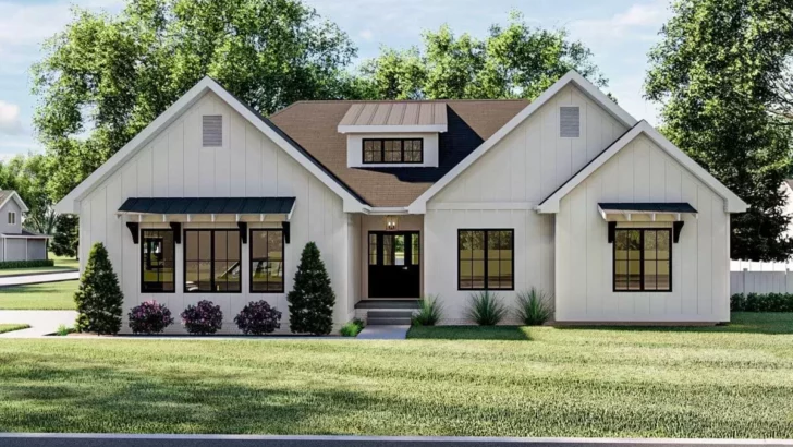 3-Bedroom One-Story Modern Farmhouse With Cathedral Ceiling in the Great Room (Floor Plan)