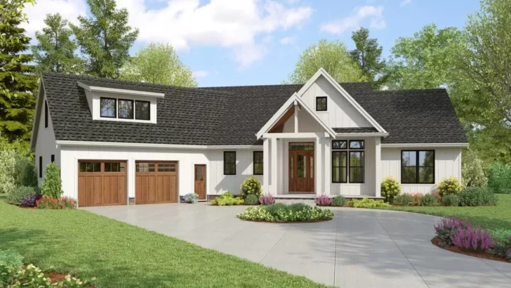 3-Bedroom Single-Story Craftsman Farmhouse With Home Office and Angled Garage (Floor Plan)