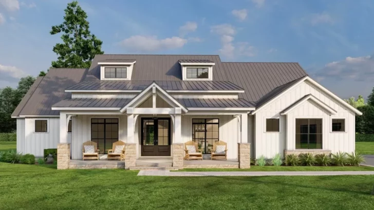 4-Bedroom One-Story Modern Farmhouse With Vaulted Outdoor Living Space (Floor Plan)