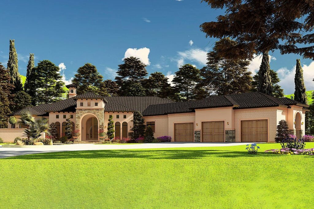 3-Bedroom One-Story Mediterranean House with Game Room (Floor Plan)