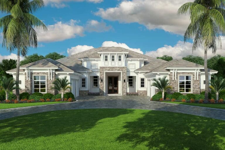 4-Bedroom 1-Story Coastal Mediterranean House with Dual Garages (Floor Plan)