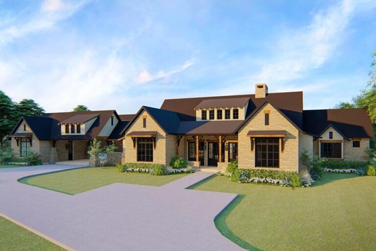 4-Bedroom 1-Story Hill Country Farmhouse With 4-Car Courtyard Garage (Floor Plan)