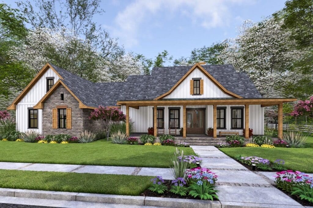 1-Story 3-Bedroom Modern Farmhouse with Vaulted Family Room (Floor Plan)