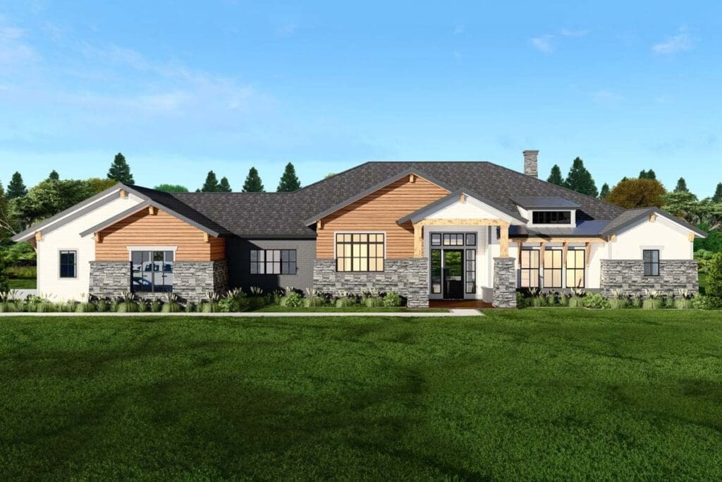 1-Story 4-Bedroom Contemporary Craftsman House with Outdoor Living Room (Floor Plan)