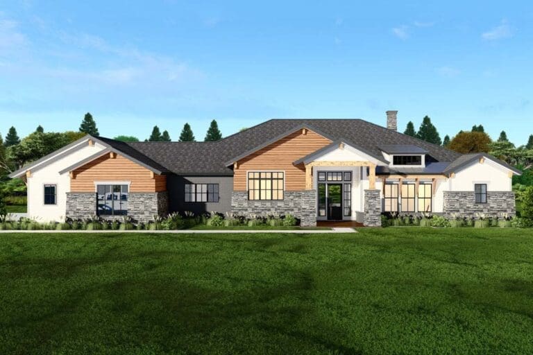1-Story 4-Bedroom Contemporary Craftsman House with Outdoor Living Room (Floor Plan)