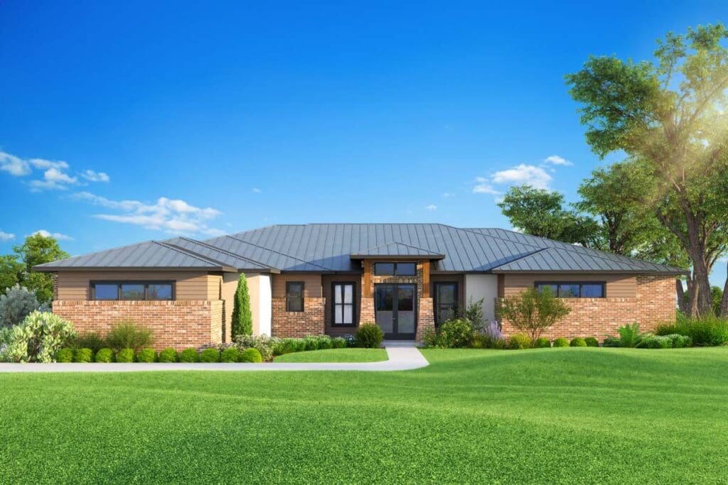 1-Story 4-Bedroom Contemporary Prairie-Style Ranch Home with Golf Cart Garage (Floor Plan)