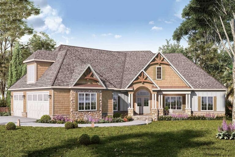5-Bedroom One-Story Mountain Craftsman House with Bonus Room Over Garage (Floor Plan)