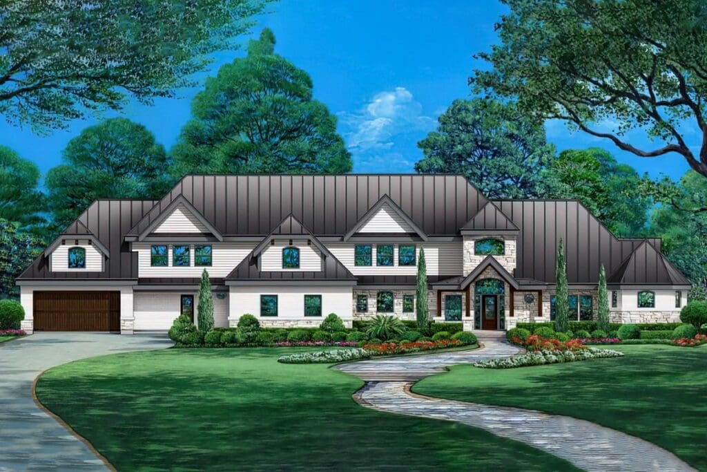 3-Bedroom 2-Story European Farmhouse With 4-Car Garage and Attic Bonus (Floor Plan)