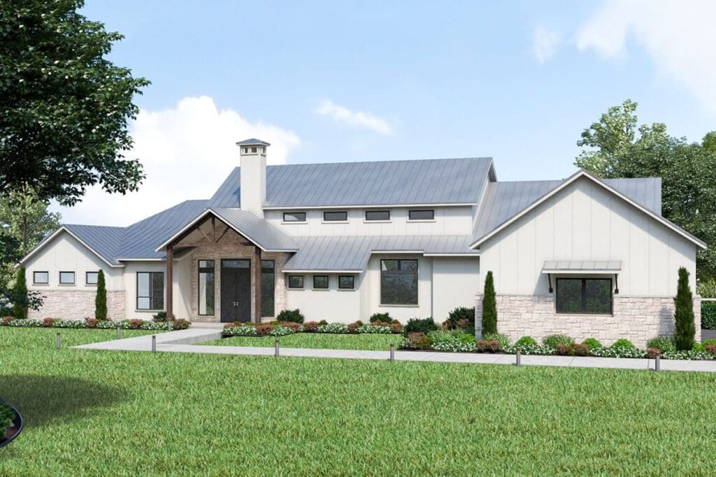 4-Bedroom 1-Story European Farmhouse With 3-Car Side Garage and Rear Porch Retreat (Floor Plan)
