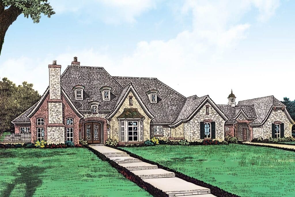 4-Bedroom 2-Story European Farmhouse With Courtyard Garage and Bonus Room (Floor Plan)