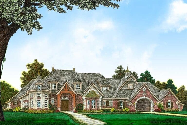 3-Bedroom 1-Story European House with Turreted Study (Floor Plan)