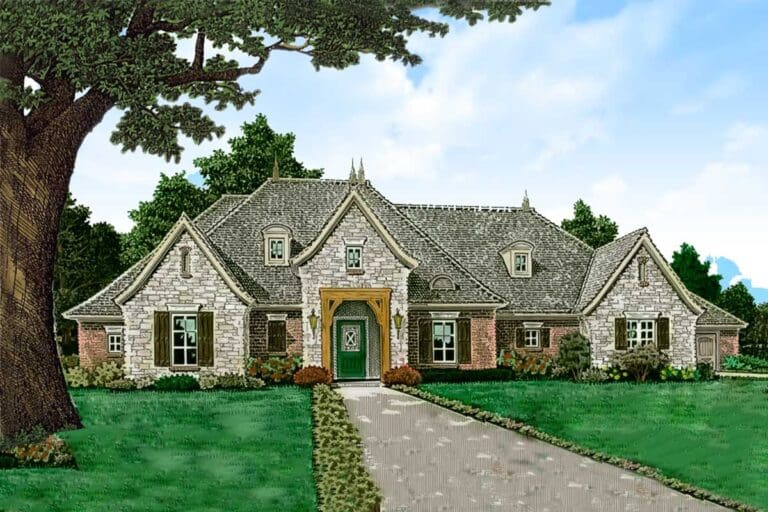 1-Story 3-Bedroom European House with Vaulted Ceilings and 5-Car Garage (Floor Plan)