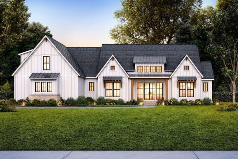 Single-Story 3–4 Bedroom Modern Farmhouse With 671 Sq. Ft. of Porches and Corner-Friendly Garage (Floor Plan)