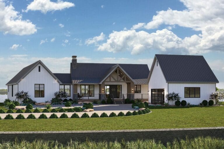 3-Bedroom 1-Story Modern Farmhouse With Expansive Porches and Courtyard Garage (Floor Plan)