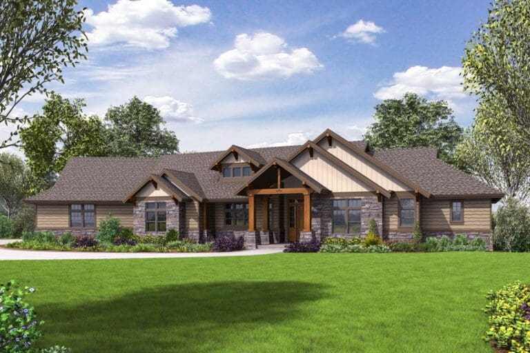 3-Bedroom 1-Story Modern Farmhouse With Bonus Room and 3-Car Side Garage (Floor Plan)