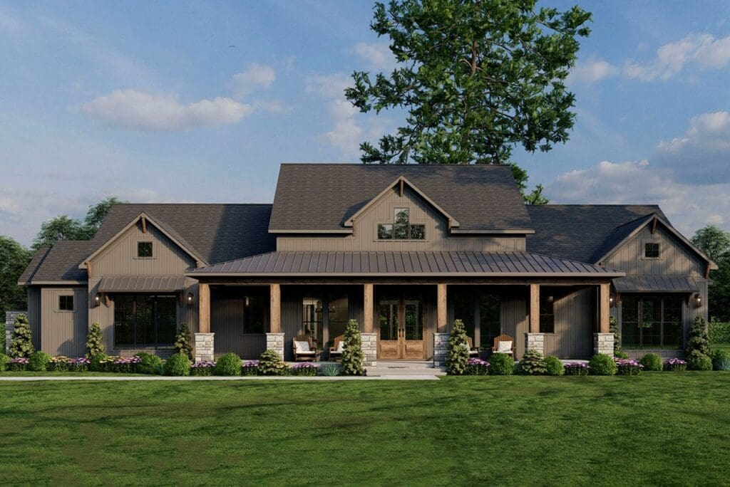 3-Bedroom 1-Story Modern Farmhouse With Side-Entry 3-Car Garage and 1,150 Sq. Ft. of Porches (Floor Plan)