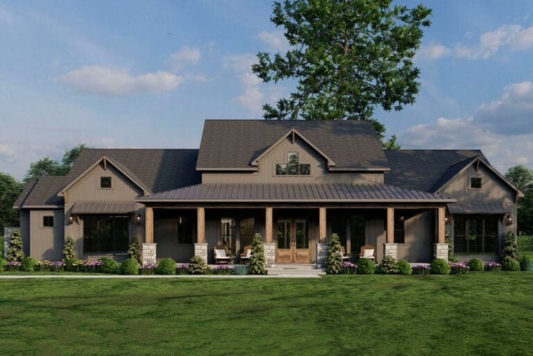 3-Bedroom 1-Story Modern Farmhouse With Side-Entry 3-Car Garage and 1,150 Sq. Ft. of Porches (Floor Plan)