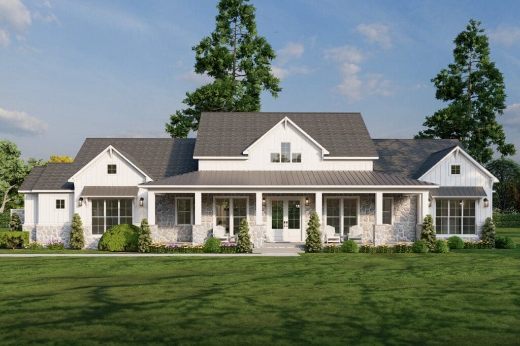 3-Bedroom 1-Story Modern Farmhouse With Expansive Porches and Side-Entry 3-Car Garage (Floor Plan)