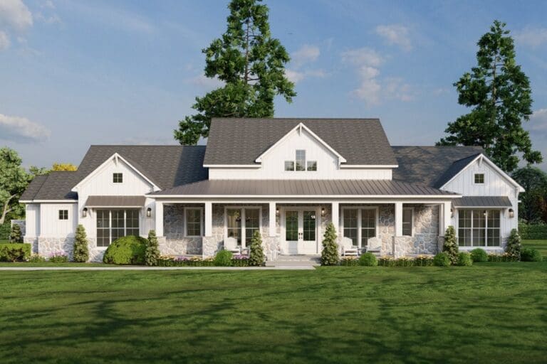 3-Bedroom 1-Story Modern Farmhouse With Expansive Porches and Side-Entry 3-Car Garage (Floor Plan)
