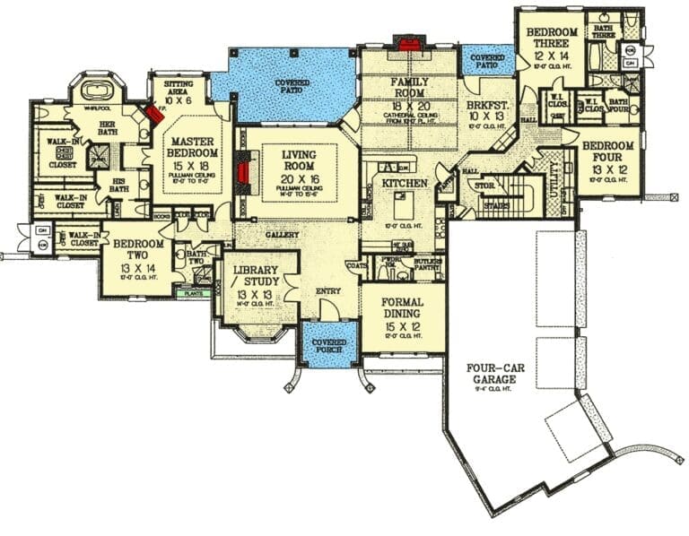 4-Bedroom One-Story French Country House with Bonus Expansion (Floor Plan)