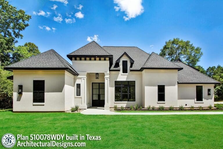 Single-Story 4-Bedroom French Country House with Bonus Room above Garage (Floor Plan)