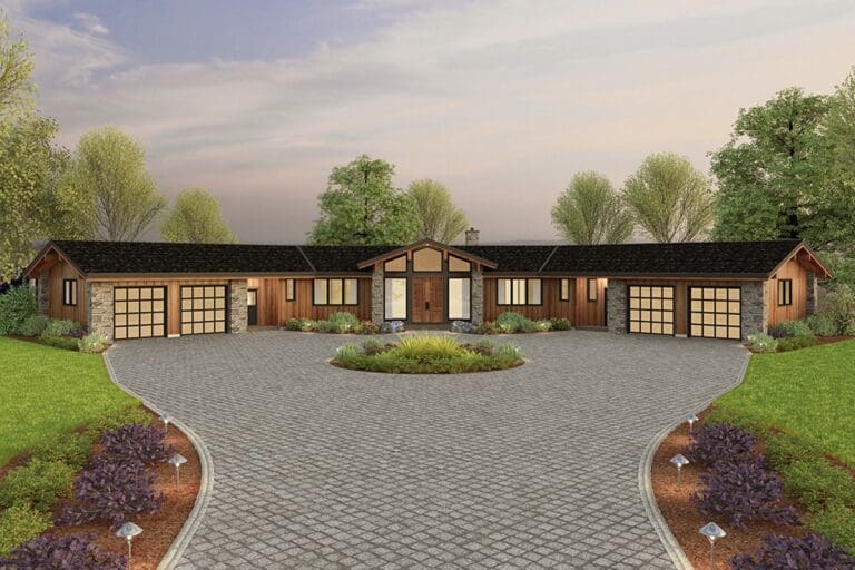 3-Bedroom 1-Story Modern Farmhouse With 4-Car Courtyard Garage and Dual Half Baths (Floor Plan)