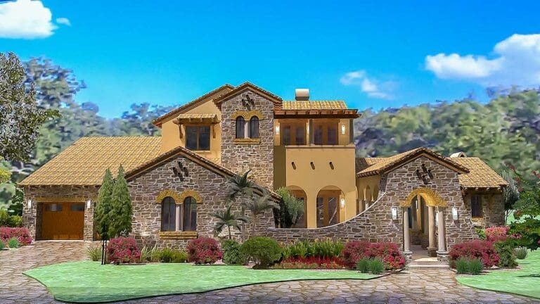 Two-Story 4-Bedroom Tuscan House with Rear Courtyard and Detached Game Room (Floor Plan)