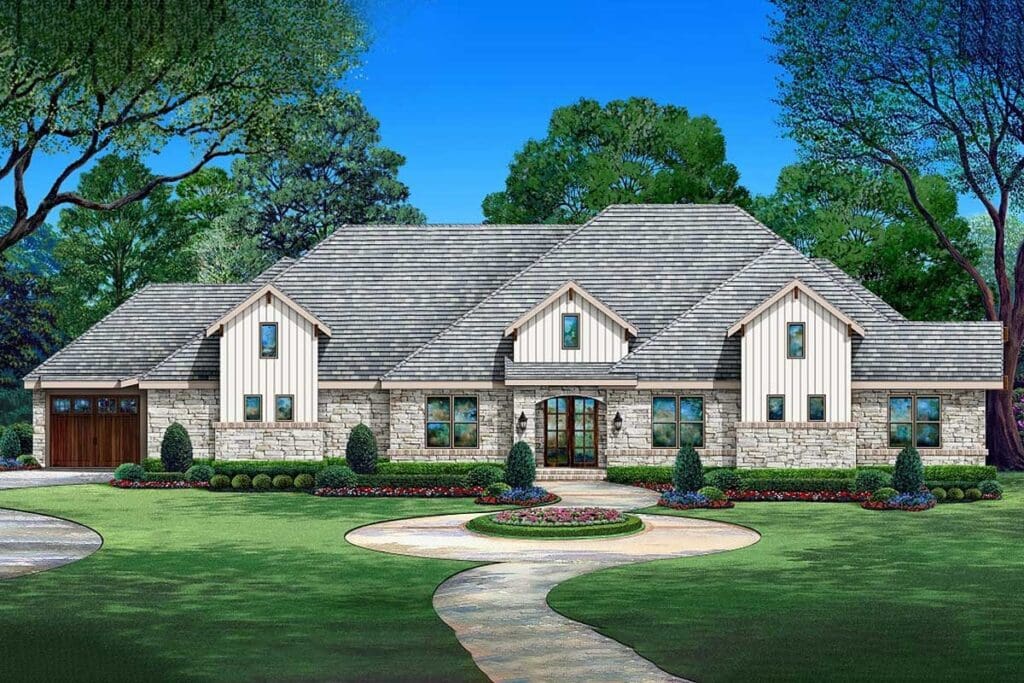 4-Bedroom 1-Story Luxury Farmhouse With 3-Car Front and Side Garage Access (Floor Plan)