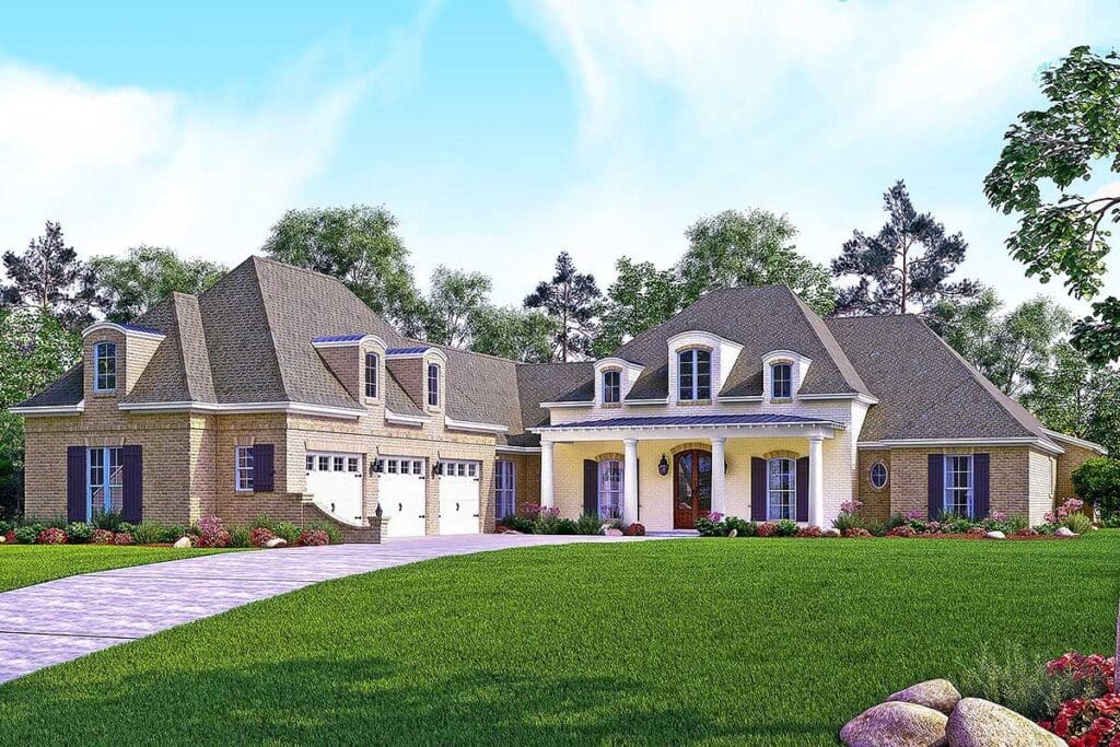 5-Bedroom 1-Story Country-Style Home With Screened Porch and 3-Car Courtyard Garage (Floor Plan)