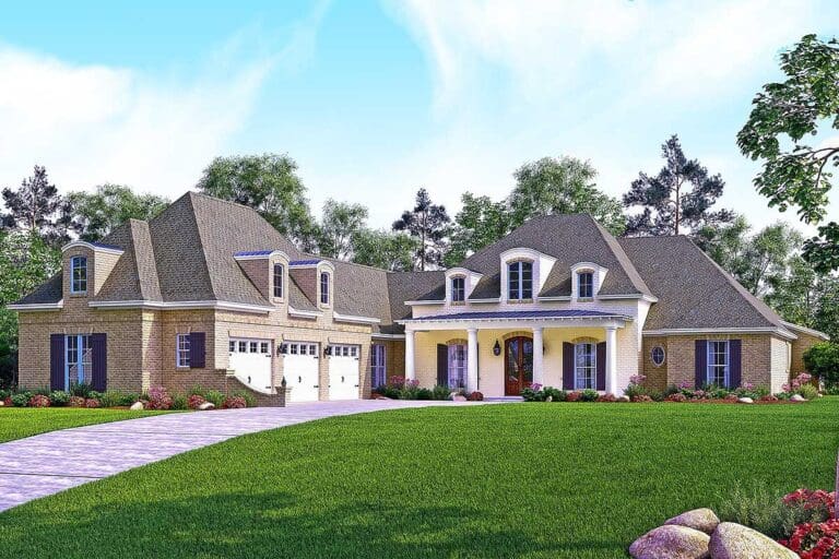 5-Bedroom 1-Story Country-Style Home With Screened Porch and 3-Car Courtyard Garage (Floor Plan)