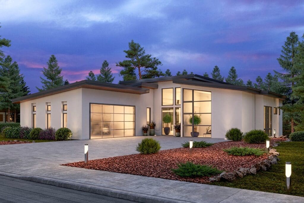 1-Story 4-Bedroom Mid-Century Modern House with Home Office (Floor Plan)