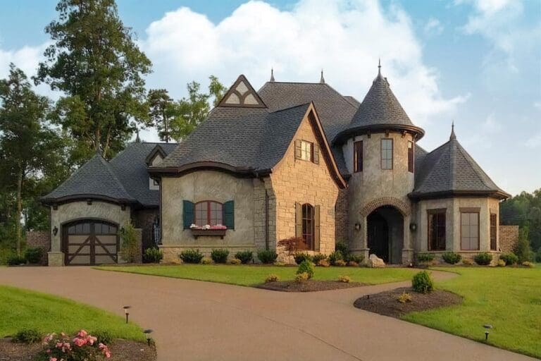 3-Bedroom One-Story European House with Grand Turreted Entry (Floor Plan)