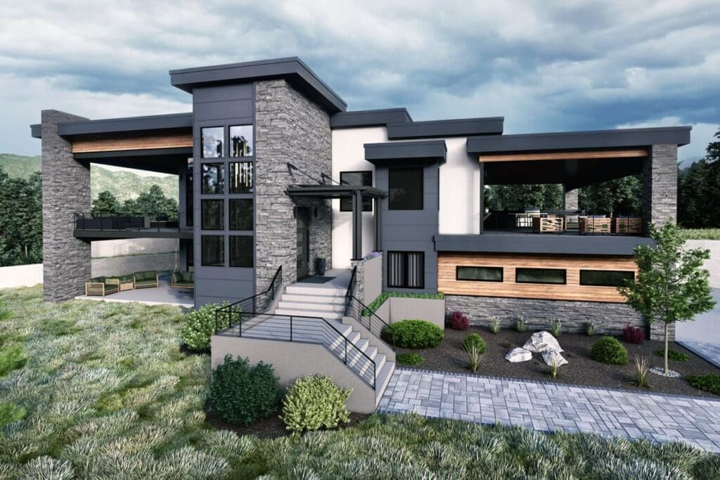 3-Bedroom Contemporary Farmhouse with Courtyard, Covered Patio & Side Garage (Floor Plan)