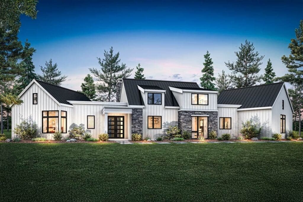 4-Bedroom One-Story Transitional Modern Farmhouse with Angled Garage (Floor Plan)