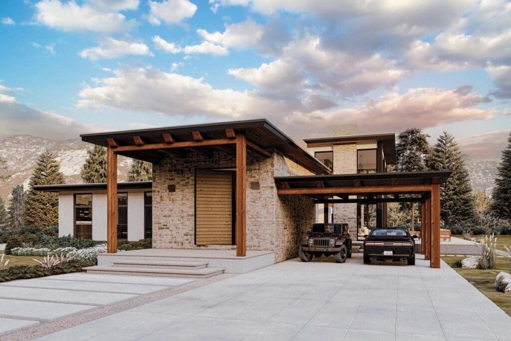 1-Story 5-Bedroom Mid-Century Modern House with 2-Story Play Room (Floor Plan)