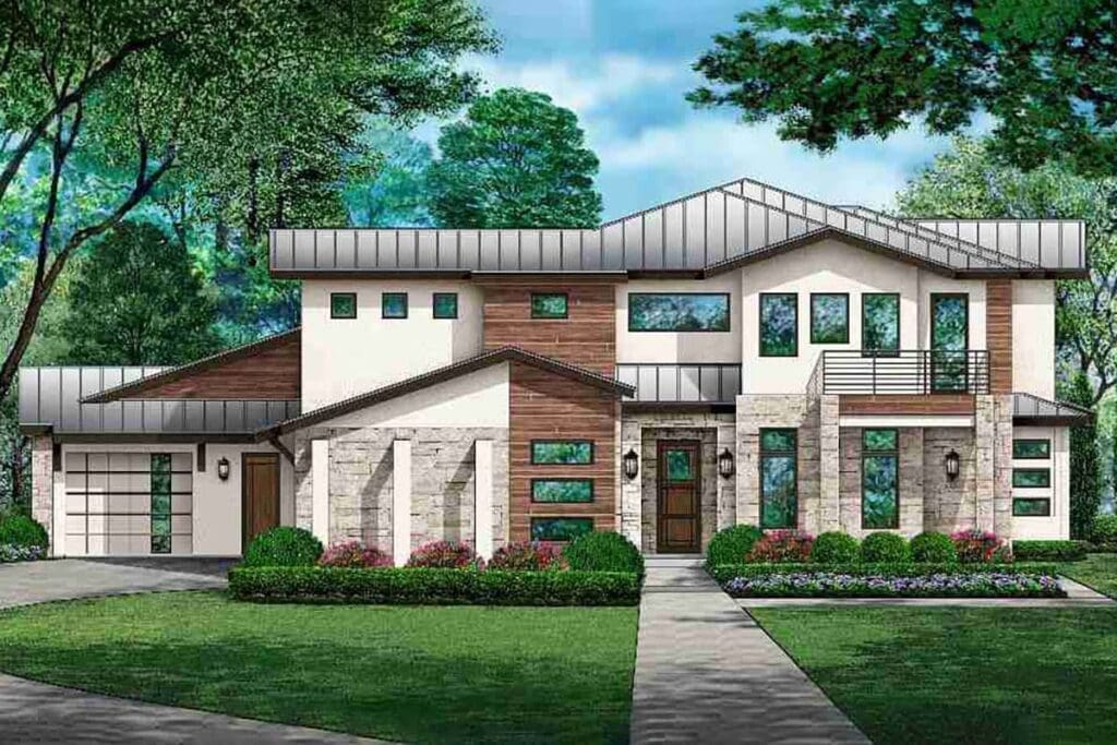 Dual-Story 4-Bedroom Contemporary Country House with Home Office (Floor Plan)