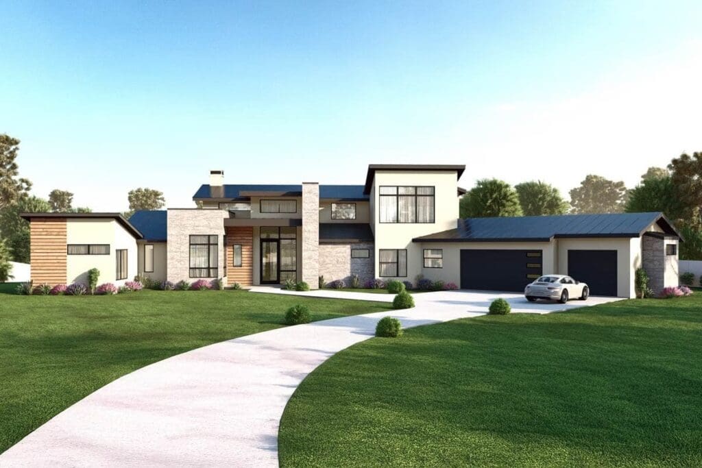 4-Bedroom 2-Story Contemporary House with Angled 4-Car Garage (Floor Plan)