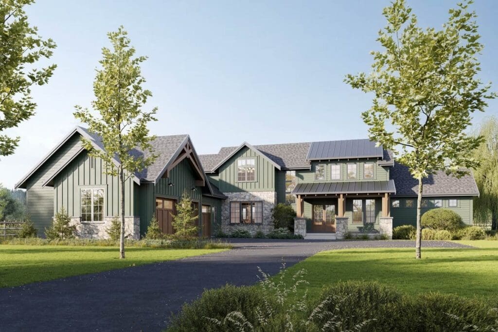 4-Bedroom 2-Story Farmhouse with Courtyard Garage & Outdoor Living Spaces (Floor Plan)