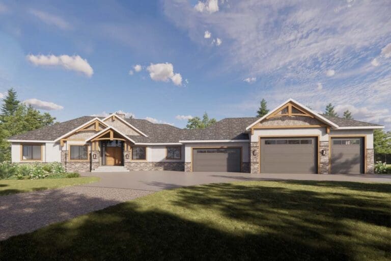 One-Story 5-Bedroom Craftsman House with Angled Garage with Shop (Floor Plan)