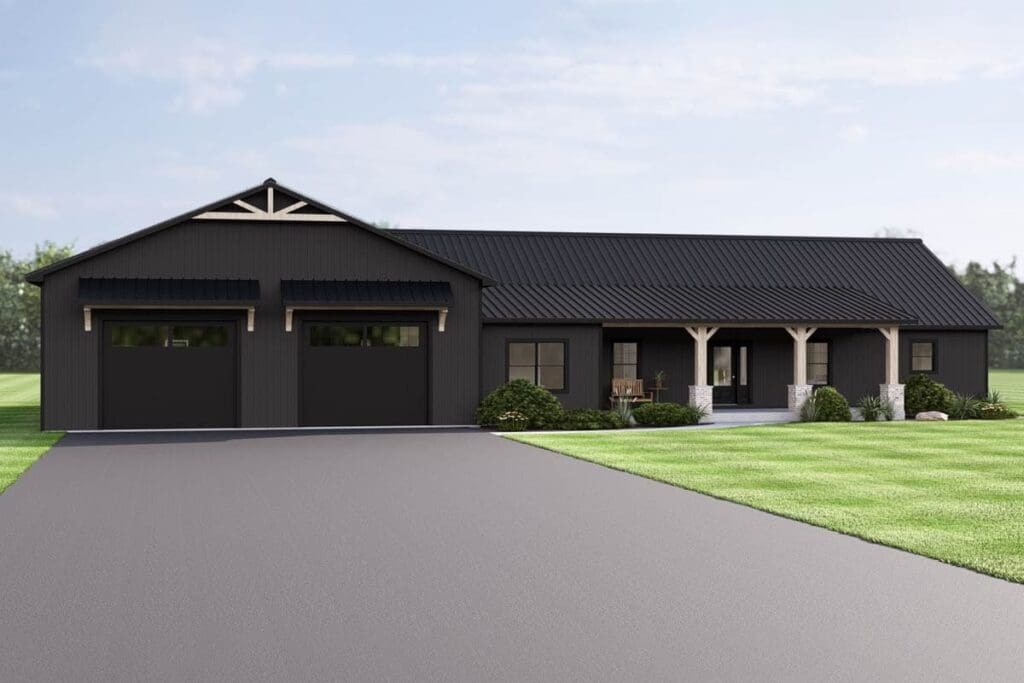 4 Bedroom 1 Story Modern Country Barndominium with Split Beds and Workshop Garage (Floor Plan)